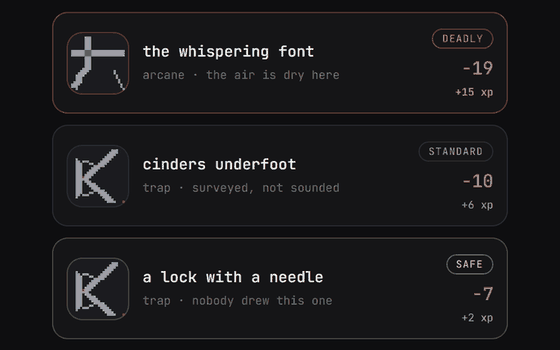 Three doors to choose from in Delve, marked deadly, standard, and safe.