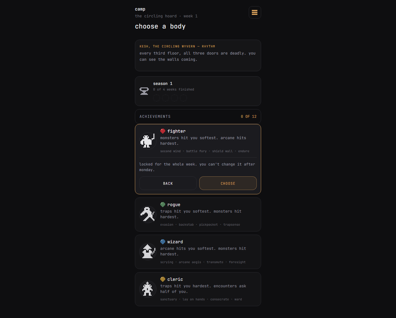 Delve v15 body selection screen with the chosen body details visible.