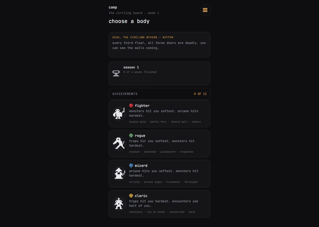 Delve v15 body selection screen showing the available starting bodies and their traits.