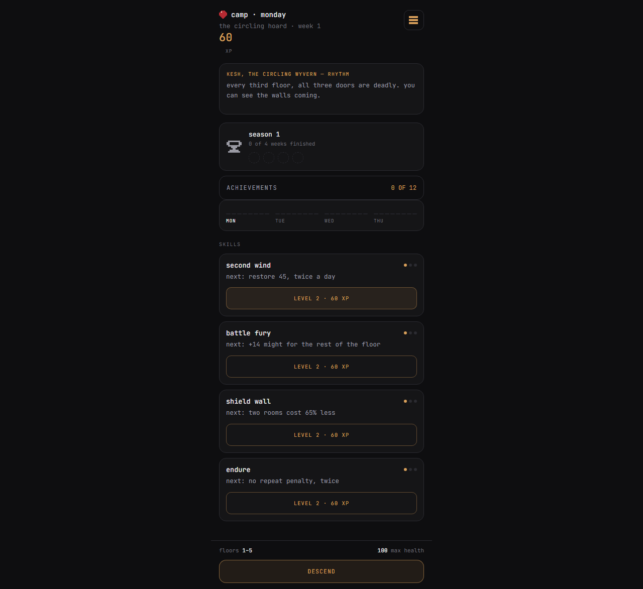 Delve v15 camp screen showing the selected Fighter, Obols, daily progress, and limited skills.