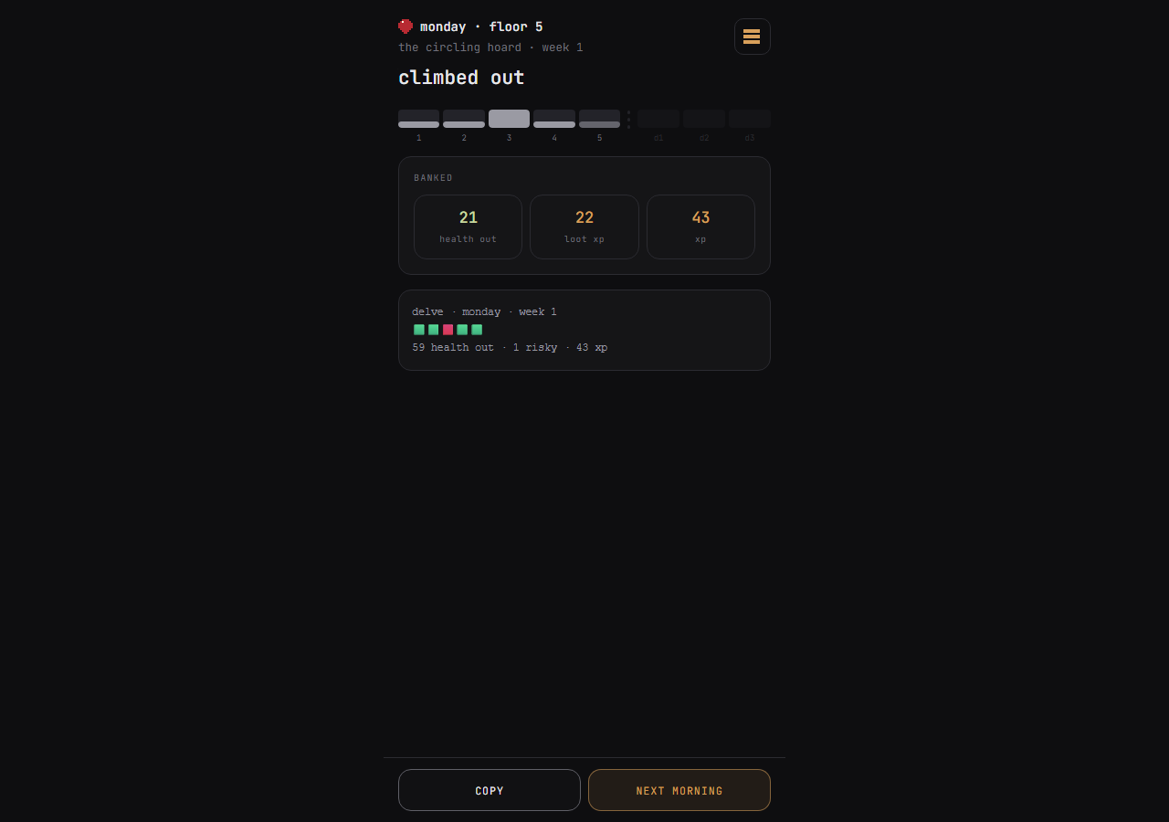 Delve v15 completed-day screen showing the banked result.