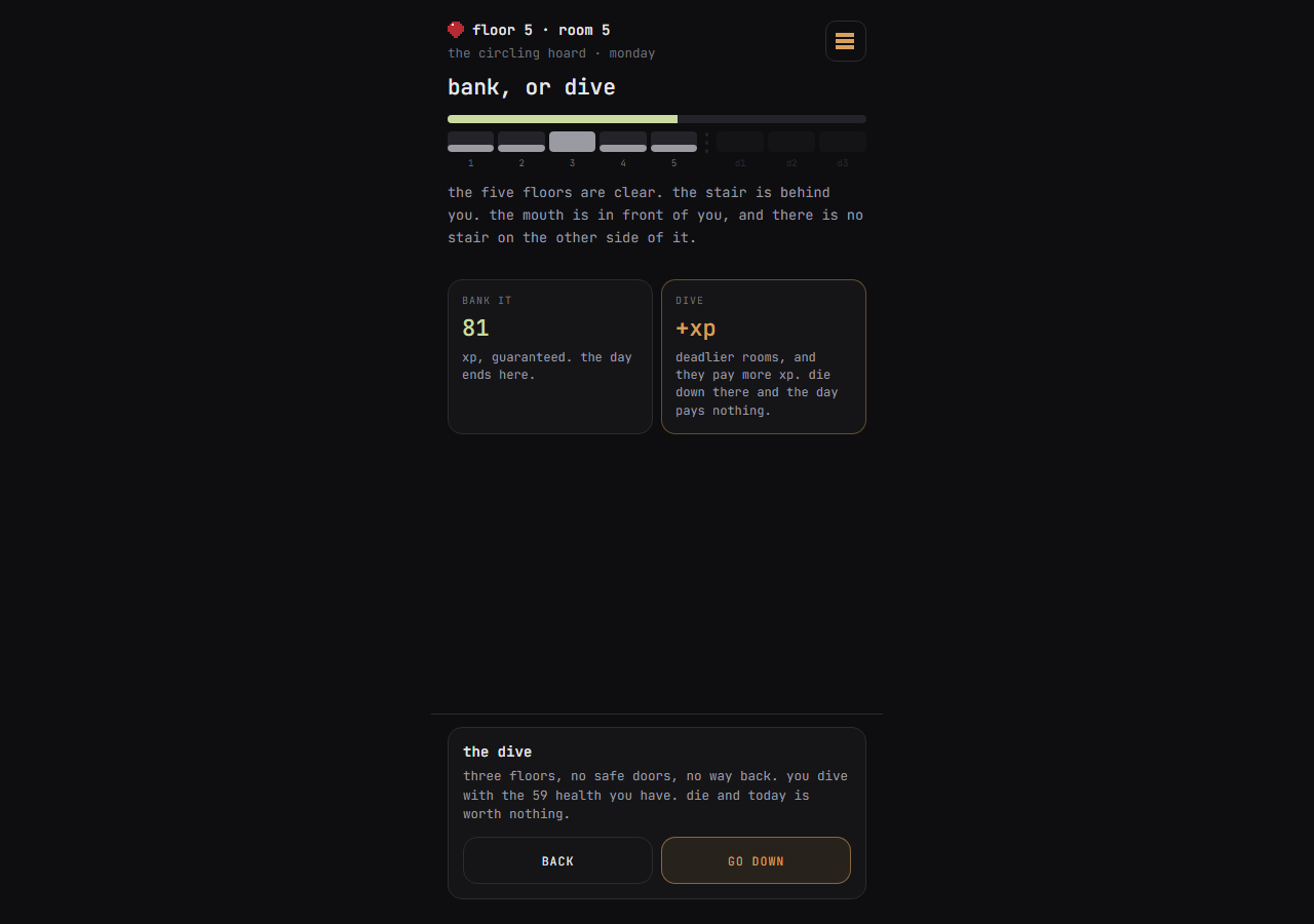 Delve v15 confirmation screen showing the risk of the deep.