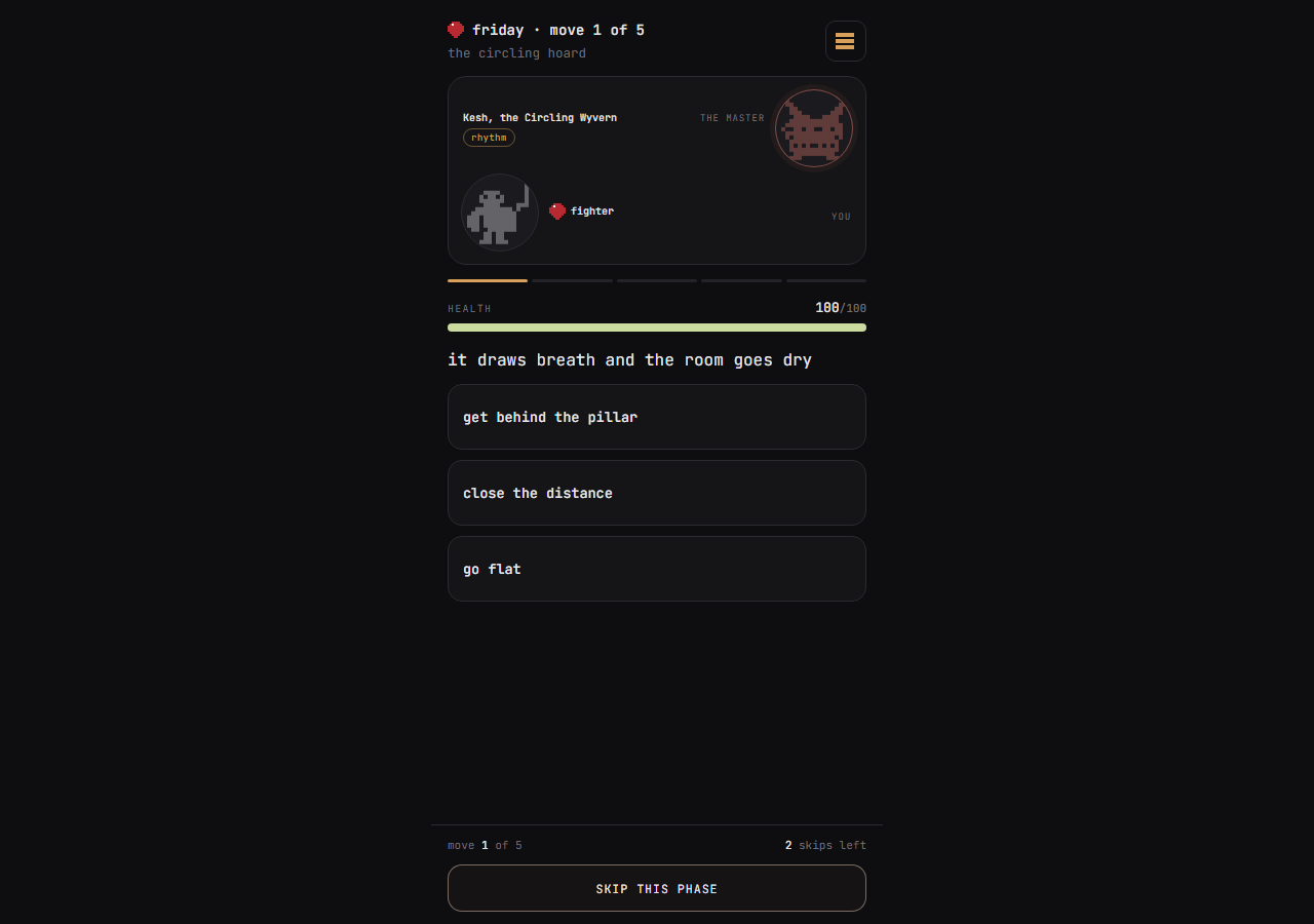 Delve v15 Friday boss screen showing a tactical prompt.